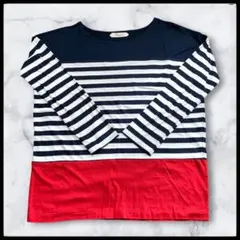 ストライプ 長袖Tシャツ　ボーダー切替デザイン 長袖カットソー　レディース