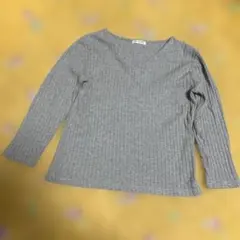 グレー リブ編み 長袖 Vネック セーター綿100%