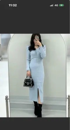 リブ編みライトブルーロングワンピース