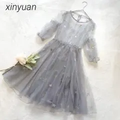 チュールワンピース ドレス　グレー 星柄 スパンコール シアー　発表会　女の子