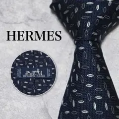 HERMES ネクタイ ファソネH ブルー 青 刺繍 総柄 ネイビー 紺 白