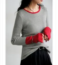 新品アンティカ配色リブニット　クールネック　グレー