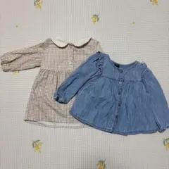 チェック柄 デニム長袖シャツ2枚セット70〜80サイズ