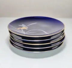 和食器　５枚　銘々皿　取り皿　小皿　丸型　絵皿　花柄　アヤメ　金縁　紺色　香蘭社