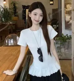 フリルデザイン ホワイト 半袖Tシャツ shein