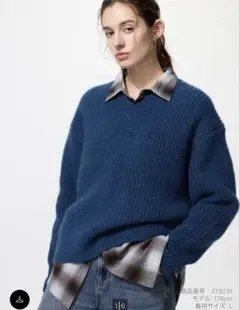 UNIQLO　新品未使用　フラッフィVネックセーター　ブルー　M