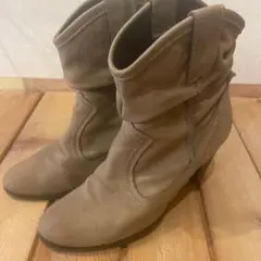 美品ベージュ #ウエスタンブーツ #中ヒール#リアルレザー#ショートブーツ#37