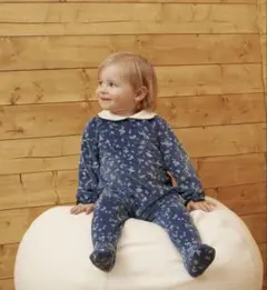 プチバトー　足付き小花柄ベロアロンパース 12M