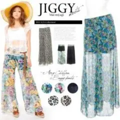 大花柄 シフォン フレアー ハイウエスト バギー ガウチョ パンツ M