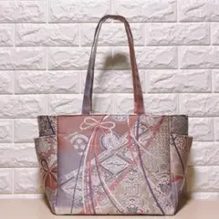 帯リメイク ぼかし地　組紐 花紋 古典柄刺繍 肩掛けトート 大容量 サイドポケ