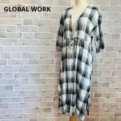 グローバルワーク チェック柄ガウンワンピース 羽織り ロング 紺 白 C15