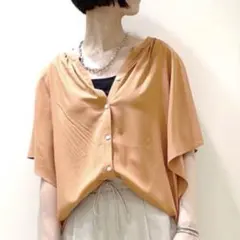 さらさらリラックスブラウス半袖　オレンジ　M グローバルワーク