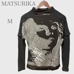 一点物　スパンコール付きデザインカットソー　ハイネック　ニット切替　ブラックM