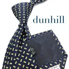【美品】dunhill ネクタイ ブランドロゴ 小紋柄 幾何学模様 ネイビー
