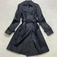 コムサデモード 羊革 ラム オールレザー ダブル トレンチコート ベルテッド 黒