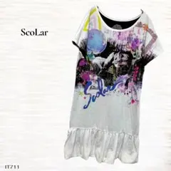スカラー/チュニックワンピース/M/裾フリル半袖/ホワイト/宇宙柄グラフィックのサムネイル