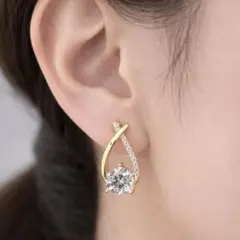 クロスライン×一粒ビジュー 揺れる ゴールド ピアス 大粒ストーン 上品 華やか