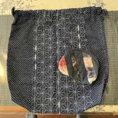 レトロ巾着袋　紺色幾何学模様　がま口型ポーチのセット