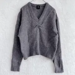 ベイジ|Vネックセンターシャーリングニット【FREE】長袖 ショート丈 無地 灰
