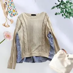 949＊ノーブランド【F】ニット　長袖　ベージュ　ブルー　異素材MIX　重ね着風