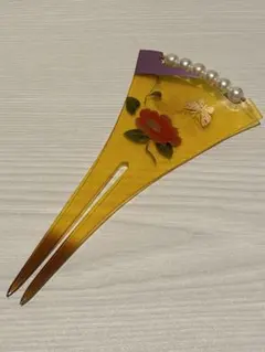 パール付き 金蒔絵 花 蝶々 かんざし べっ甲風 簪 和装小物 着物 ヘアアクセ