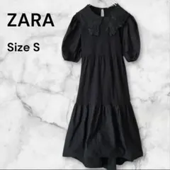 ZARA 刺繍ピーターパンカラーブラック ロングワンピース フリル襟