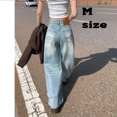 バギーパンツ　デニム　ハイウエスト　韓国　ストリート系　ウォッシュデニム　ワイド