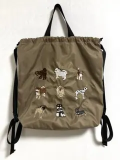 犬　刺繍　ナイロン刺繍巾着ナップサック　ブルーブルーエ ベージュ