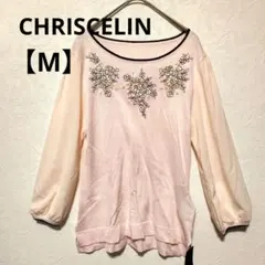 CHRISCELIN 花柄刺繍 ニットトップス シフォン袖 ピンク サイズ38
