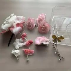 和装髪飾りセット 花モチーフ ピンク系　黄色かんざし　浴衣　小紋