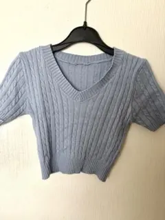 ケーブル編みニット ショート丈 サマーニット ライトブルー