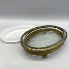 真鍮ブラス製脚付きフレームカットガラスアンティークソープディッシュ 
