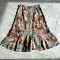 インゲボルグINGEBORG花柄フレアスカート９号青系　シルク混