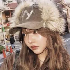 YYロゴ刺繍 フライトキャップ ファー付き　コーデュロイ　防寒　韓国ファッション