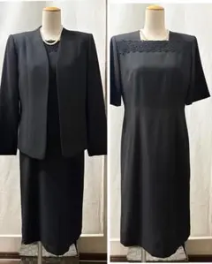 9号　黒　喪服　礼服　フォーマル　ワンピーススーツ　アンサンブル　レース M