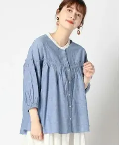 Samansa Mos2　サマンサモスモス　配色ギャザーブラウス　ブルー