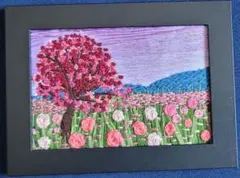 刺繍アート フォトフレーム 桜とバラ花畑 ハンドメイドのサムネイル