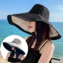 バケットハット　帽子　日除け　つば広　UVカット　紐付き　女優帽　黒　ブラック
