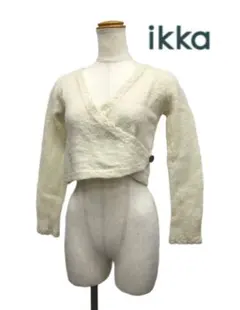 ikkaカシュクールカーディガンホワイトウールリネンクロップド丈セーター麻羊毛白