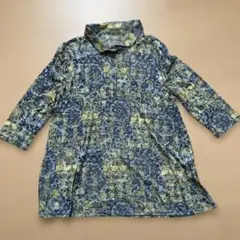 Airy 青と黄色のパターン 七分袖シャツ
