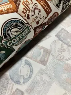 2m コーヒーラベル柄　白　オックス生地　ハギレ　生地