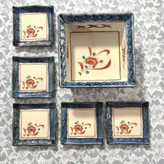 愛陶　陶器 角鉢 小皿 6点セット 赤絵花柄のサムネイル