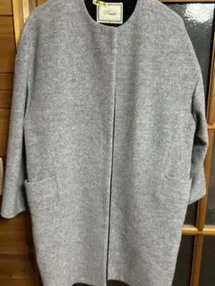 グレー ノーカラーコート ウール混合