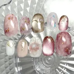 【現品】ぷっくりお花　ニュアンス　マグネット　エレガント　ネイルチップ　卒業式