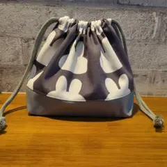 切替お弁当袋☆グレーラビットフェイス柄☆ハンドメイド