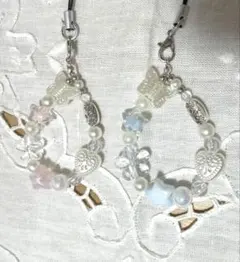 ビーズストラップキーホルダー 青 水色 ピンク 星 ハート 韓国 2点セット