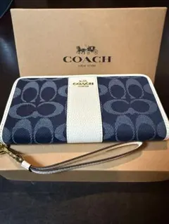 訳あり】COACH コーチ 長財布 シグネチャー 切り替え ネイビー