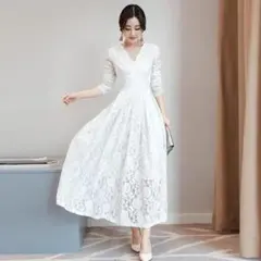 ワンピース レース Vネック 結婚式 パーティー レディース 長袖