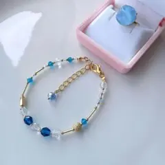 水晶ビーズ×チェコファイアポリッシュブレスレット＆カボションリングセット