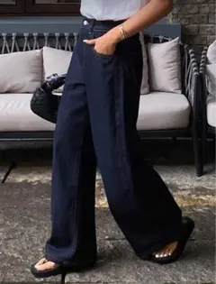 ダークブルーワイドレッグデニムパンツ